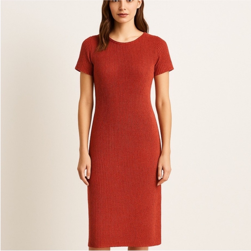 Zara Knit Midi Dress Short Sleeve Fitted Rust Terracotta Orange Red Size Medium